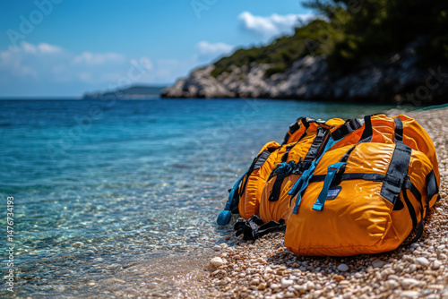 Bags Lined Up on a Pebble Beach. Bright yellow dry bags rest on a pebbled beach, the sea shimmering under a radiant blue sky. Ideal for watersports, near a coastline.