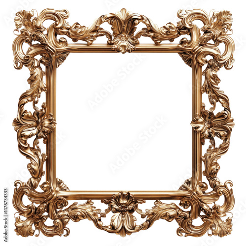 Ornate golden picture frame with intricate designs and patterns cutout isolated on transparent bg, png