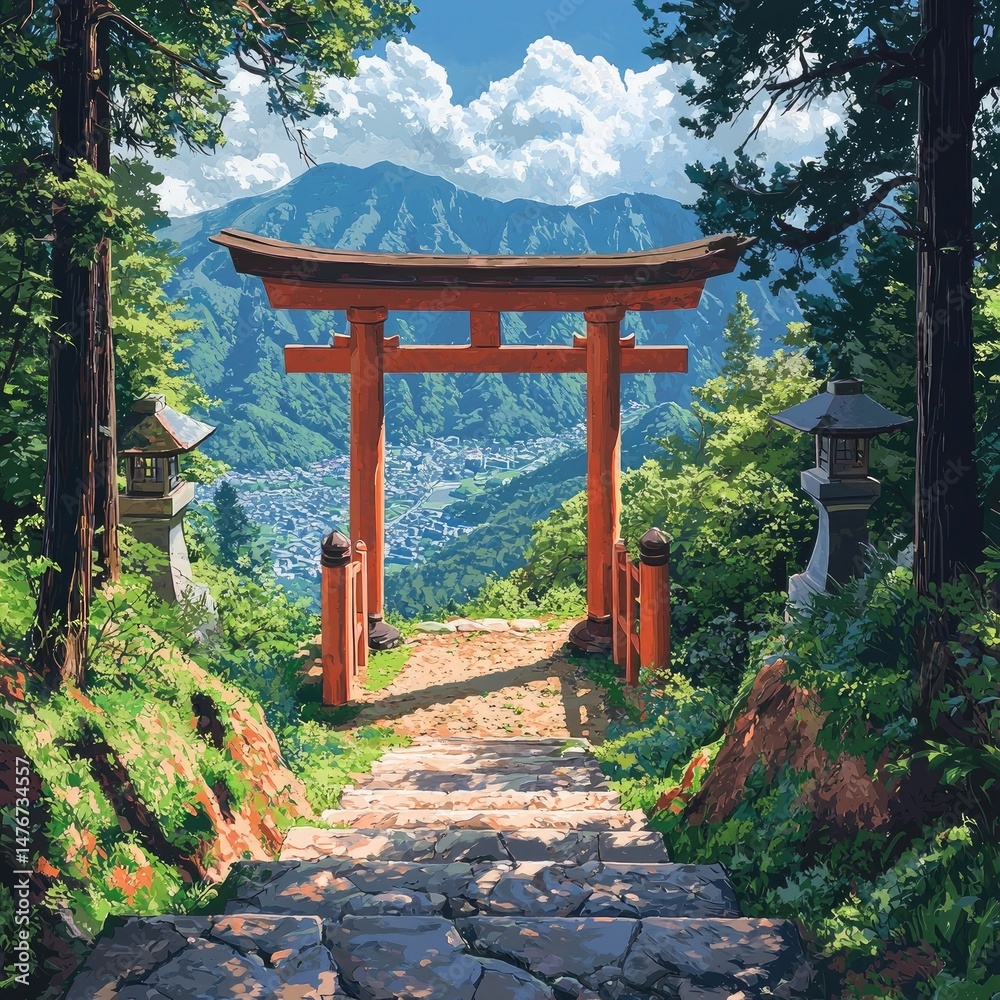 Obraz premium Pathway lined with multiple bright orange torii gates curving through a misty forest trail in mountainous terrain. Generative by AI.