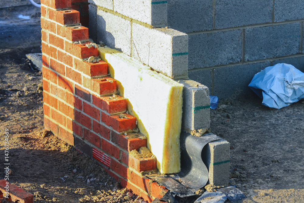 Insulating walls of new build houses by placing rock wool inside wall cavities as part of the energy-saving measures. House insulated with mineral wool to reduce energy bill Insulating walls of new build houses by placing rock wool inside wall cavities as part of the energy-saving measures. House insulated with mineral wool to reduce energy bill