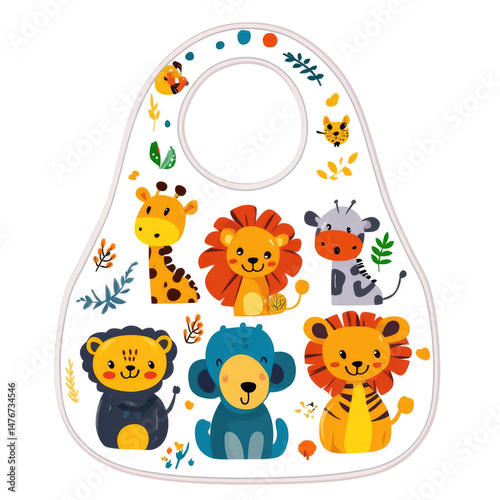 Cute animal bib design featuring cheerful lions, giraffes, and a cow cutout isolated on transparent bg, png