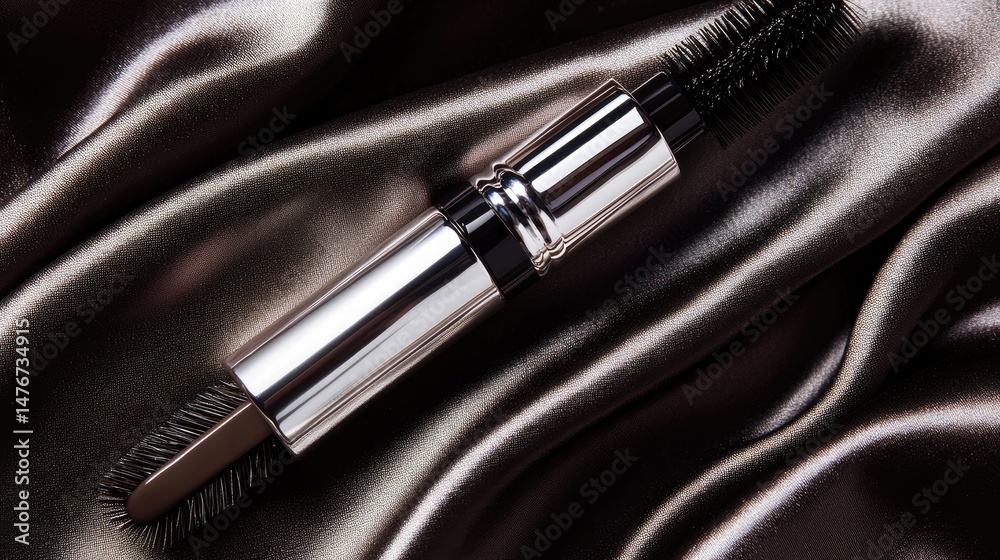 Naklejka premium Brow mascara in light-colored tube with metallic label, lying on silk