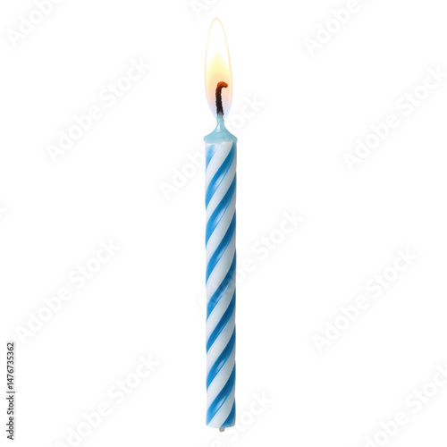 Blue and white striped birthday candle with a flame cutout isolated on transparent bg, png