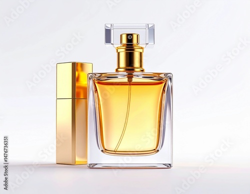 Elegant Luxury Perfume Bottle with Golden Accents on White Background – 3D Render