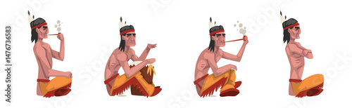 Native American Man Indian In Traditional Clothing with Feather Vector Set