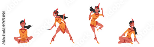 Native American Woman Indian In Traditional Clothing with Feather Vector Set