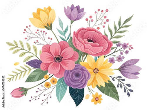 Watercolor Floral Arrangement with Pink Poppy, Yellow Daisy, and Purple Rose