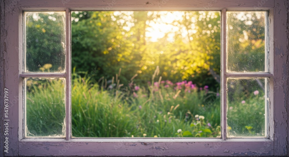 Naklejka premium Garden view through a window at sunset. Sunlight streams through the window pane