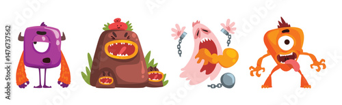 Funny Monster with Spooky Muzzle with Teeth and Bulging Eye Vector Set