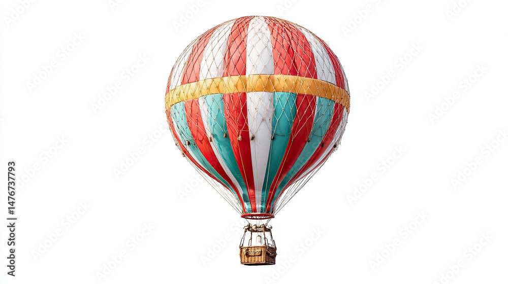 Fototapeta premium Colorful vintage hot air balloon with red, white, and teal stripes isolated on white background