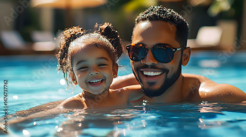 Happy black father and daughter swimming pool on summer vacation sunglasses relaxing at a hotel by the sea