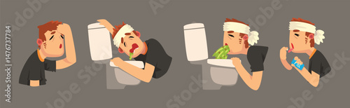 Severe Headache with Man Suffer from Strong Pain in Head Vector Set