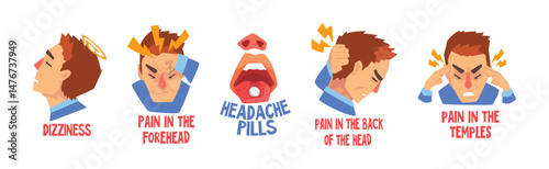 Severe Headache with Man Suffer from Strong Pain in Head Vector Set