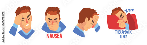 Severe Headache with Man Suffer from Strong Pain in Head Vector Set