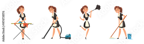 Woman Housemaid in Apron Cleaning House Vector Set