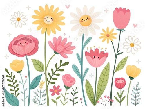 Cheerful floral arrangement with smiling flowers and lush greenery on white background