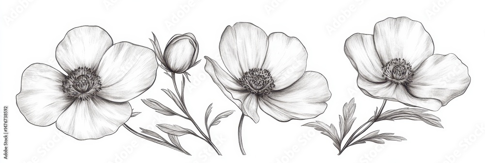 Obraz premium Buttercup Drawing: Hand-drawn Floral Illustration featuring Bloom, Corolla, and Foliage Details