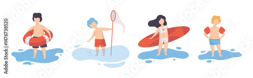 Children at Sea Sunbathing on Beach and Seashore Vector Set