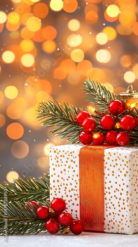 Festive Christmas Gift with Decorative Elements on a Softly Blurred Bokeh Light Background