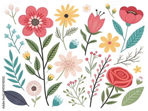 Wallpaper Mural A vibrant and colorful collection of stylized botanical floral elements, a floral arrangement Torontodigital.ca