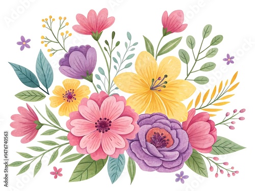 Elegant Watercolor Floral Bouquet with Pink, Purple, and Yellow Flowers on White