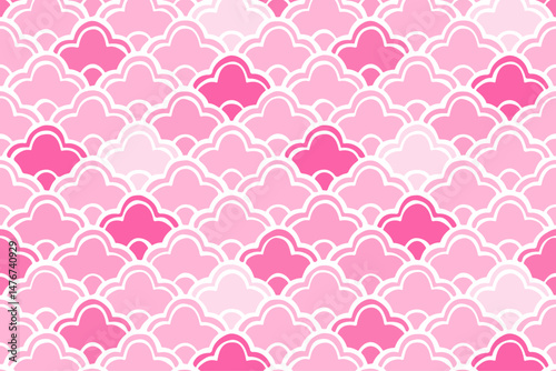 Hand drawn Japanese colorful flowers pattern background, Cute Japanese pattern wallpaper, Seamless vector material/手描き風のピンク色の梅の花の青海波の背景、かわいい日本の和柄模様