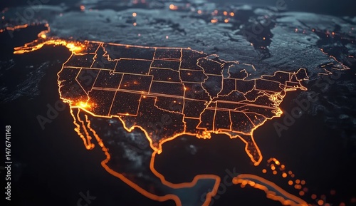 Detailed map of USA, highlighted with glowing city lights