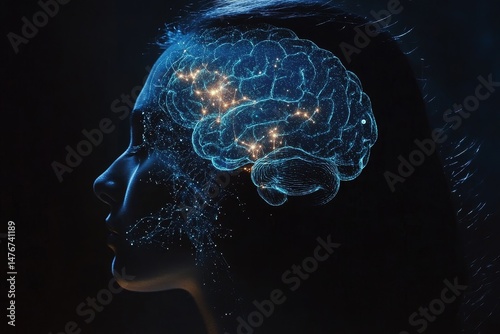 Profile view of a person with a digital brain overlay.