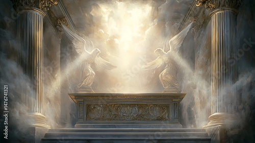 A painting of a church with two angels on a golden altar