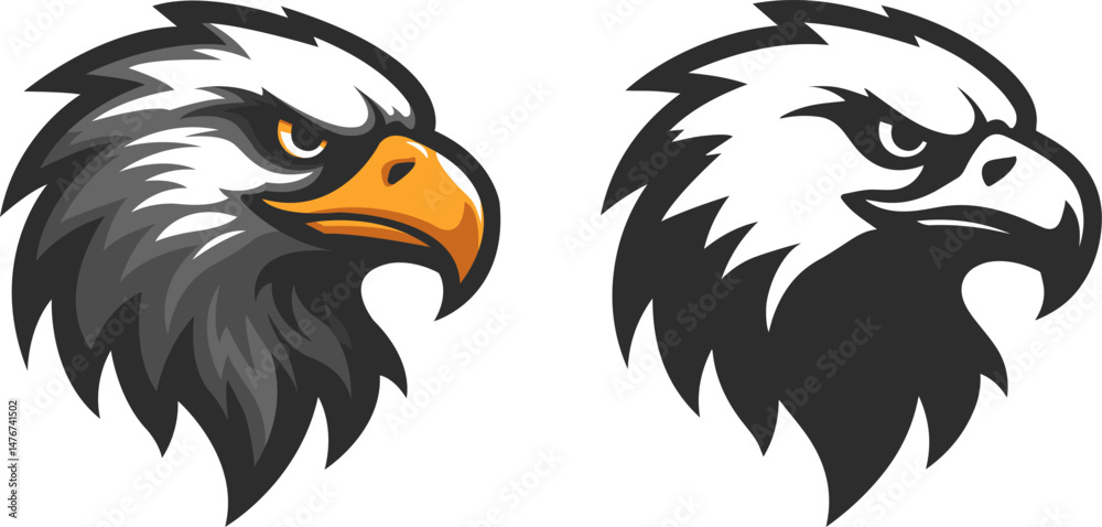 Fototapeta premium Two aggressive eagle head logos, eagle icon looking left.