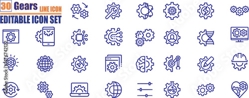 Gears line icon set. Set of outline icons related to gears, control, tool, system. 