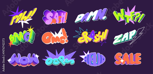Set of sound effects in superhero comic books. Shouting messages, speech bubbles with bangs, text in explosions. Funny expressions: POW, WTF, Oops, OMG, WOW, smash. Flat isolated vector illustrations