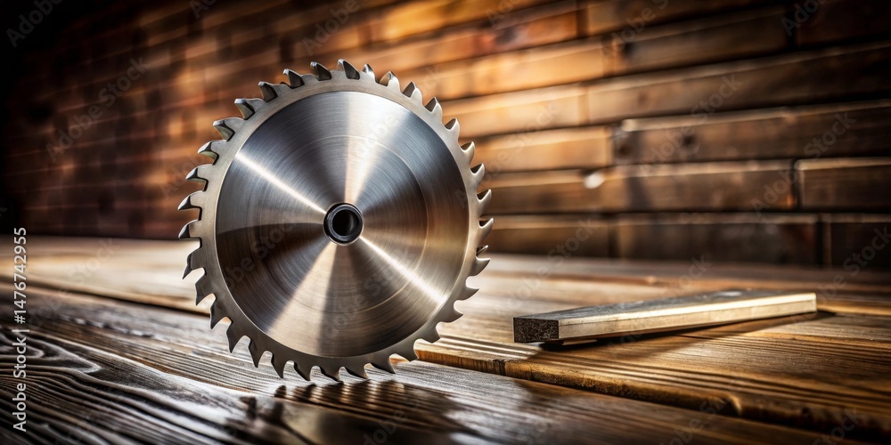 Gleaming Circular Saw Blade Resting on Rustic Wooden Surface with Metal Guide Gleaming Circular Saw Blade Resting on Rustic Wooden Surface with Metal Guide