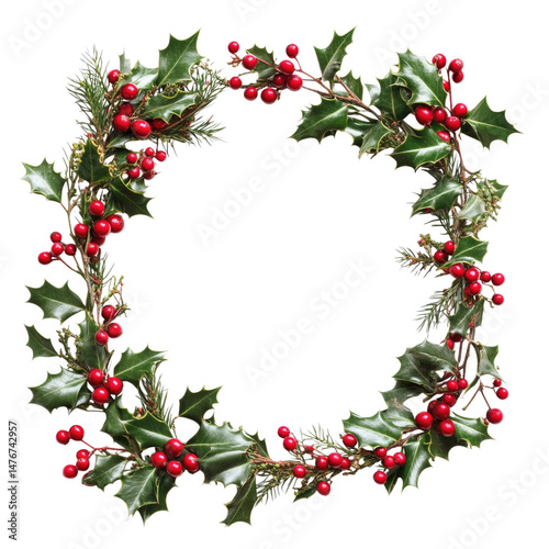Festive holly wreath adorned with red berries and green leaves, perfect for holiday decorations, cutout isolated on transparent bg, png