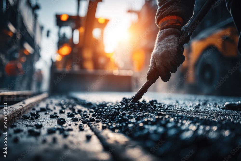 Obraz premium Road construction worker leveling asphalt with hand tool, showcasing labor-intensive paving project under bright sunlight, employing safety measures.