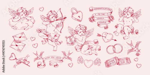 Vintage set of outline cupids. Cute kids angels with wings and bows. Retro baby amors for wedding invitation decoration. Red sketch of cherubs, hearts, rings. Hand drawn isolated vector illustrations