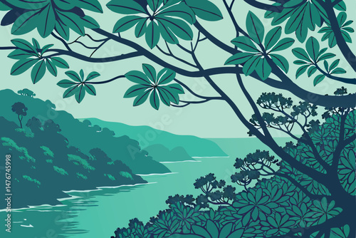 123 intricate, detailed, concentric, spiral, layered, vibrant, emerald green leaves, calm, tranquil, turquoise blue waters, atmospheric lighting, natural landscape, aerial view, drone shot
