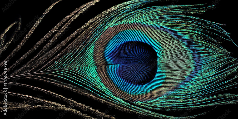 Fototapeta premium Peacock feather texture with iridescent eye pattern