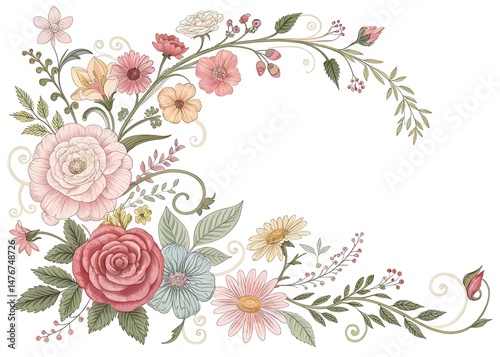 Elegant floral arrangement with roses daisies and various flowers on a white background