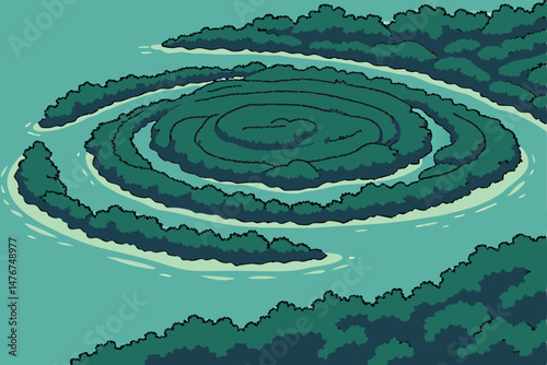 123 intricate, detailed, concentric, spiral, layered, vibrant, emerald green leaves, calm, tranquil, turquoise blue waters, atmospheric lighting, natural landscape, aerial view, drone shot