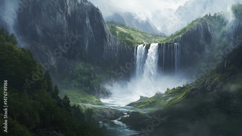 Majestic waterfall cascading through a lush mountain valley.