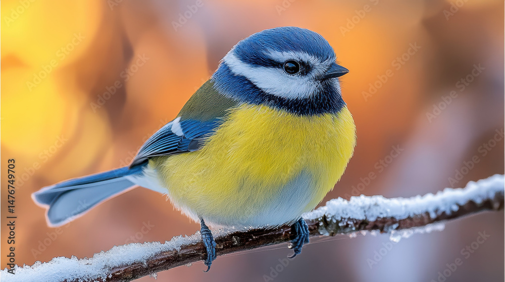 Naklejka premium Blue tit bird on frosty branch