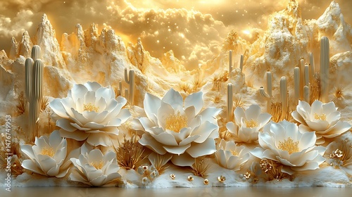 Embossed desert scene with blooming cacti and radiant golden background high resolution image