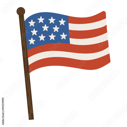 American flag illustration with red and white stripes and white stars on a blue field on a wooden pole, perfect patriotic element for 4th of July, USA Independence Day, Memorial Day, Veterans Day, fre