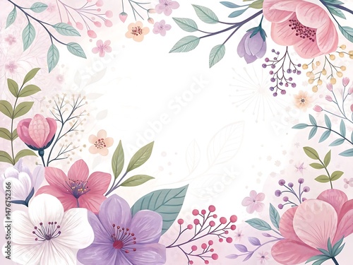 Watercolor Floral Arrangement with Blooming Flowers and Berries on a White Background