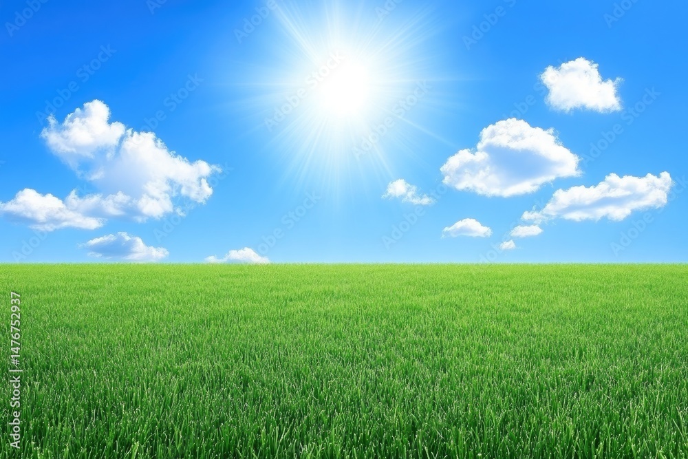 Vast field of vibrant green grass under a brilliant blue sky with scattered puffy clouds and a prominent sun Vast field of vibrant green grass under a brilliant blue sky with scattered puffy clouds and a prominent sun