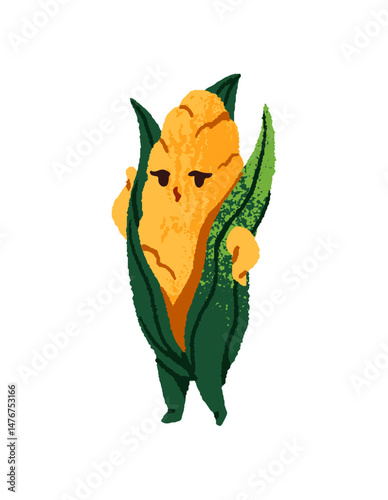 Cute maize cob stands in pose and flirting. Happy corn ear smiles, makes eyes. Pretty vegetable character with positive emotions on face. Flat isolated hand drawn illustration on white background