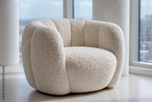 A cozy, stylish bouclé armchair in a bright modern interior, featuring a soft, inviting design perfect for relaxation and adding a touch of elegance to any living space.