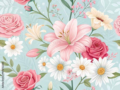 Beautiful floral pattern featuring roses, lilies, daisies and other flowers, soft colors