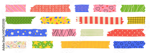 Washi tape with colorful patterns, adhesive scotch stripes for scrapbooking. Paper sticker tape with lines, stars and polka dots, japanese masking tapes with ragged edges for notebook decor vector set